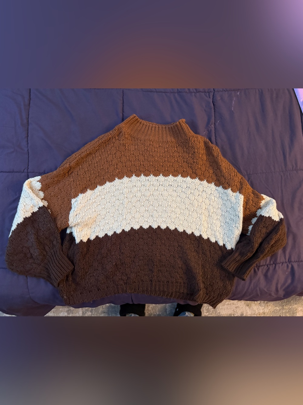 Pink Lily Brown and Cream Colorblock Knit Crewneck Sweater